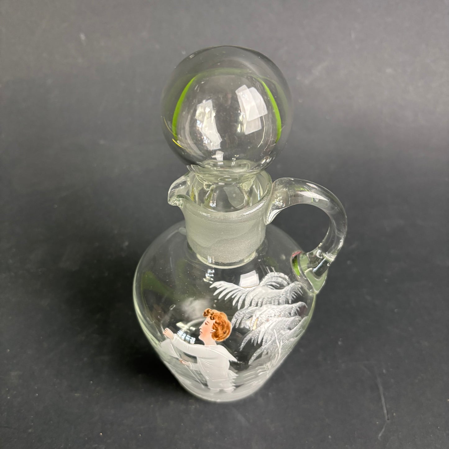 Antique Mary Gregory Glass Decanter – Clear Glass with Enamel Figure & Stopper c.1880