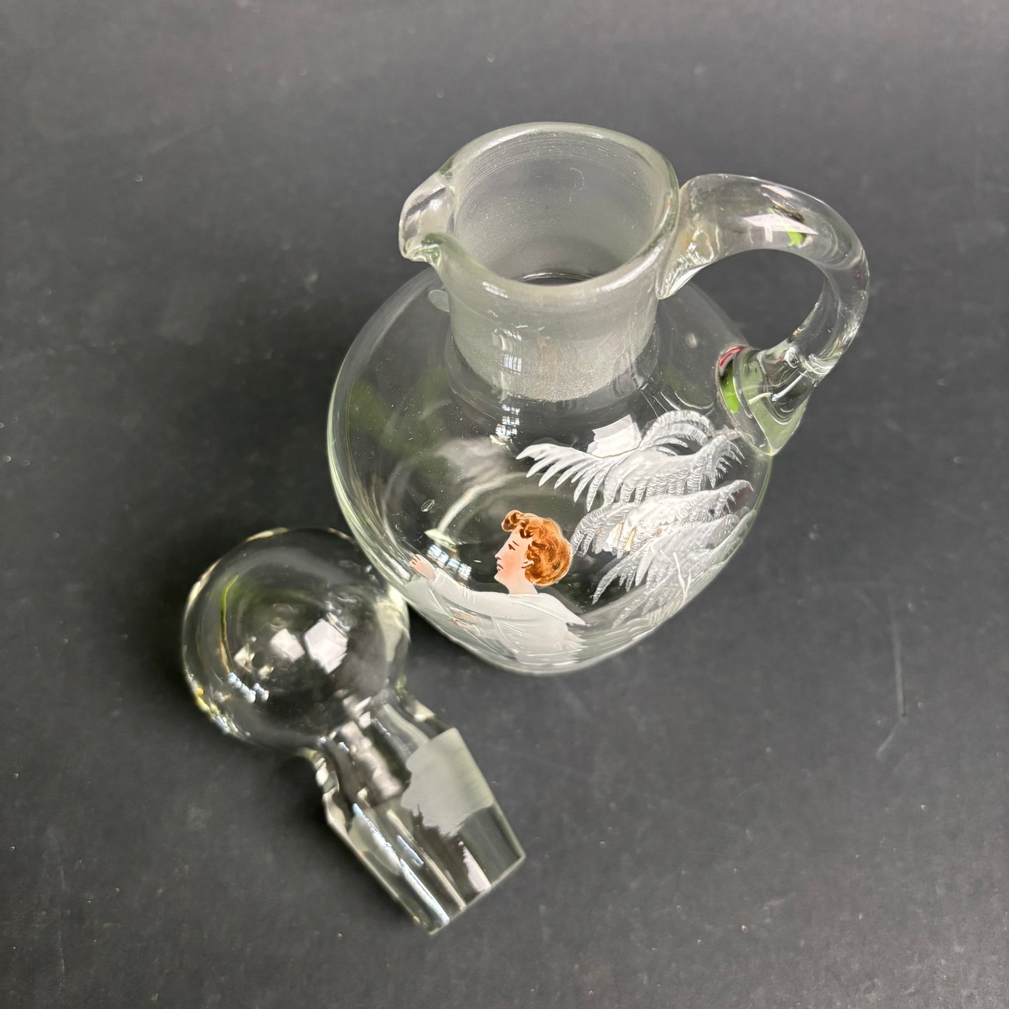 Antique Mary Gregory Glass Decanter – Clear Glass with Enamel Figure & Stopper c.1880