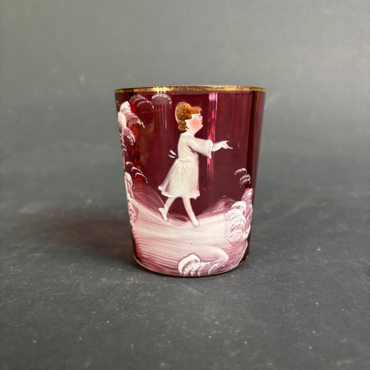 Antique Cranberry Mary Gregory Glass Tumbler – Enamel Child Scene c.1880
