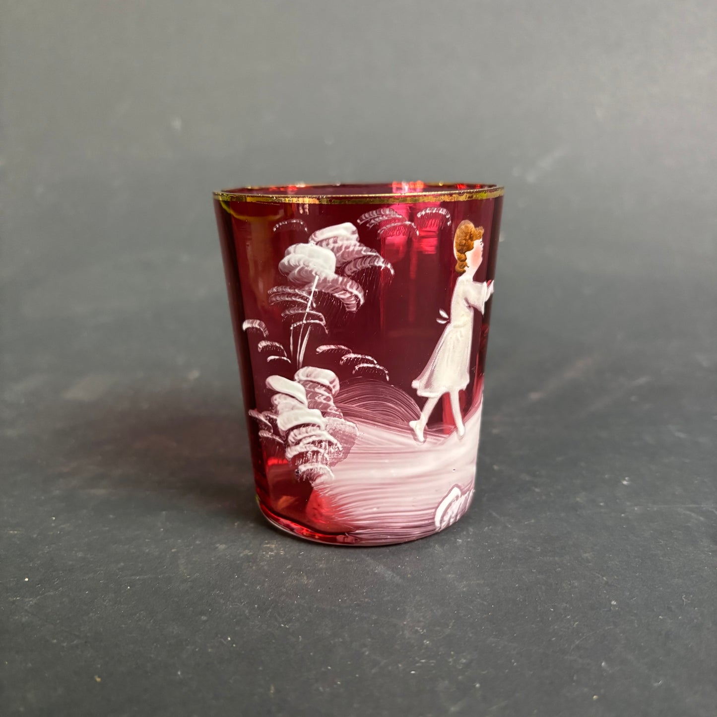 Antique Cranberry Mary Gregory Glass Tumbler – Enamel Child Scene c.1880