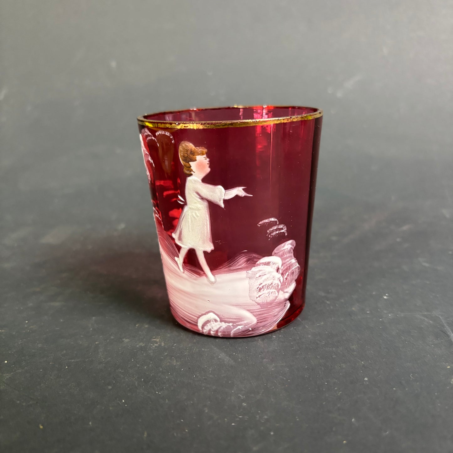 Antique Cranberry Mary Gregory Glass Tumbler – Enamel Child Scene c.1880