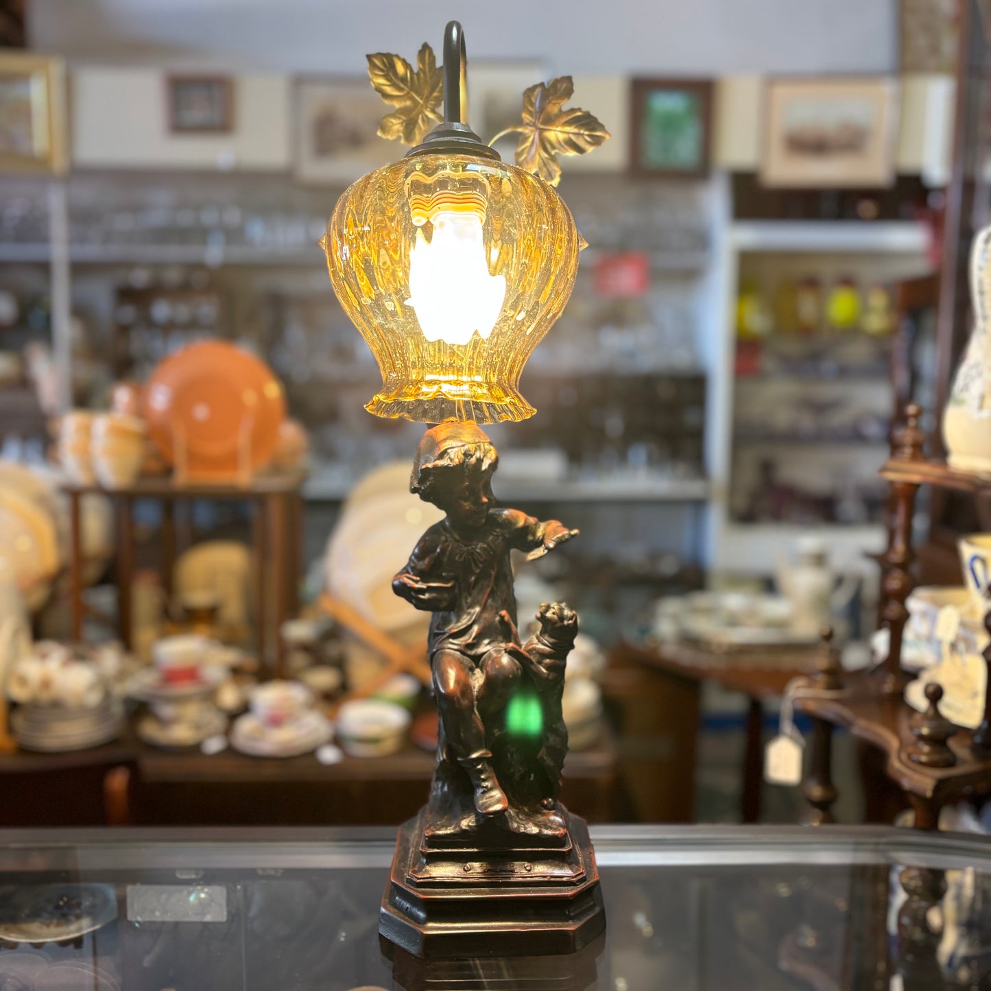 Vintage Figural Lamp – Child & Dog Sculpture with Amber Glass Shade