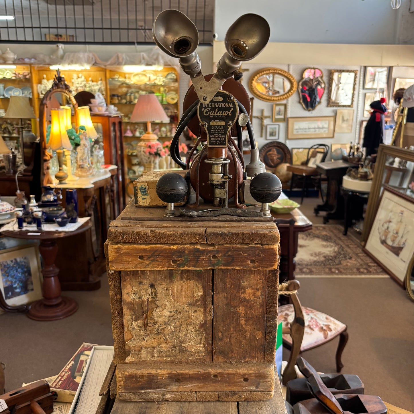 International “Cutawl” Electric Cloth Cutting Machine with Original Crate (c. 1910s–1920s)