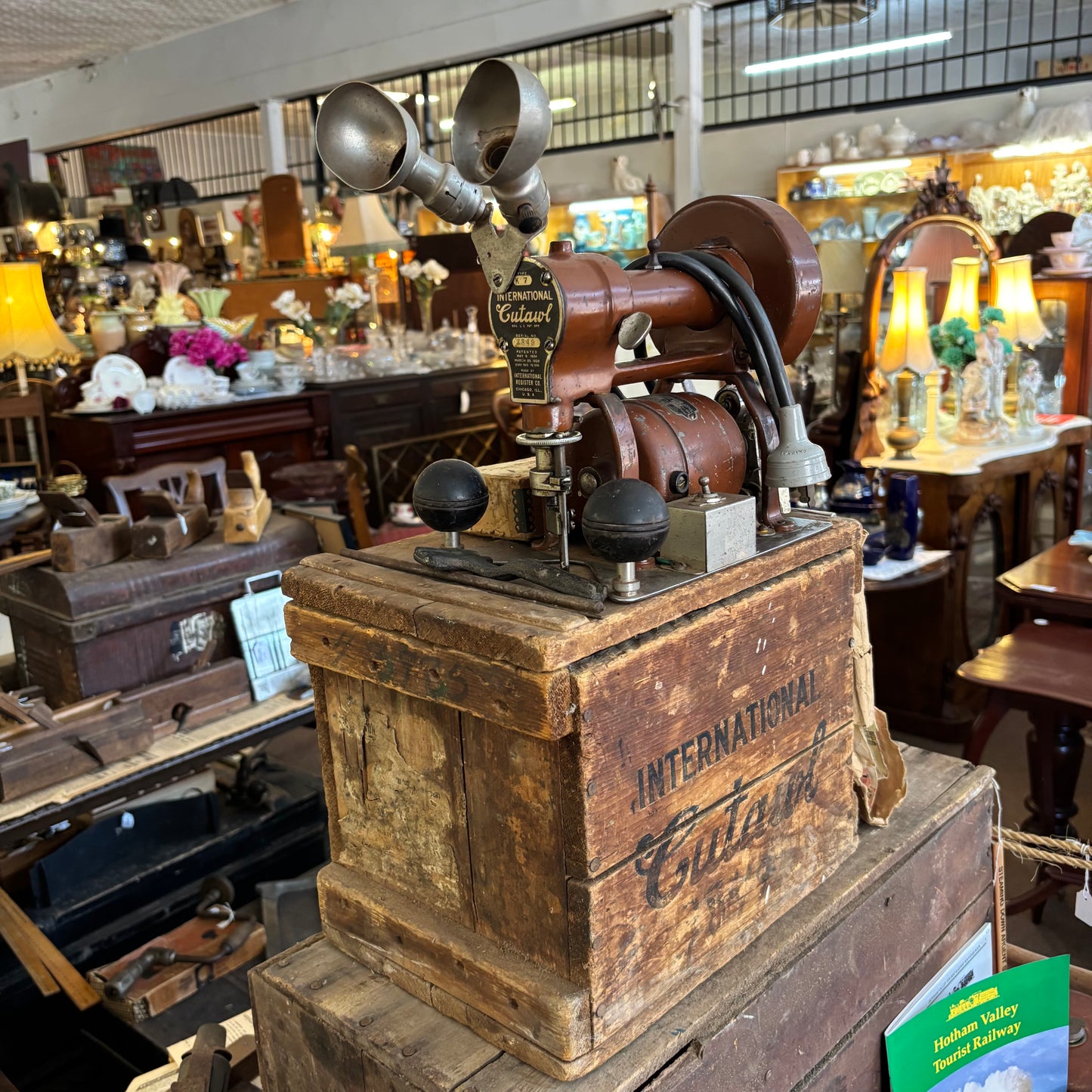 International “Cutawl” Electric Cloth Cutting Machine with Original Crate (c. 1910s–1920s)