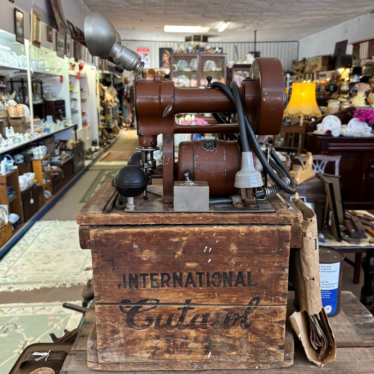 International “Cutawl” Electric Cloth Cutting Machine with Original Crate (c. 1910s–1920s)