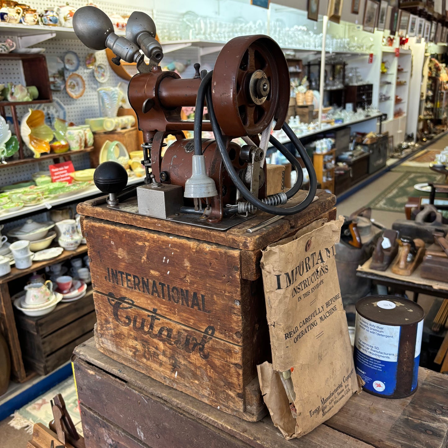 International “Cutawl” Electric Cloth Cutting Machine with Original Crate (c. 1910s–1920s)