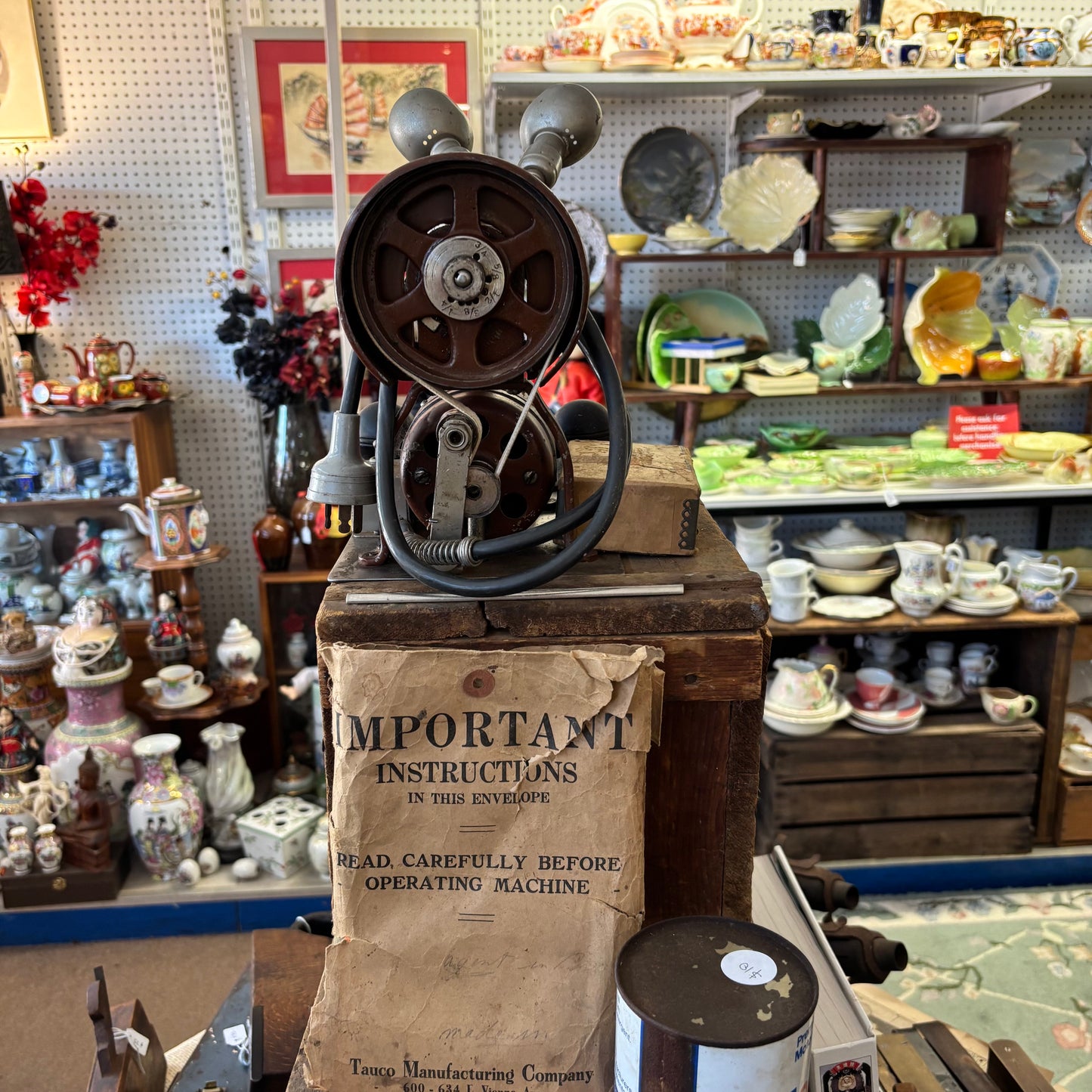 International “Cutawl” Electric Cloth Cutting Machine with Original Crate (c. 1910s–1920s)