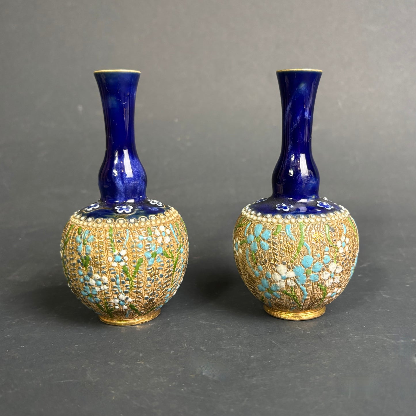 Royal Doulton Pair of Small Vases Pattern 6452 Cobalt & Gilt