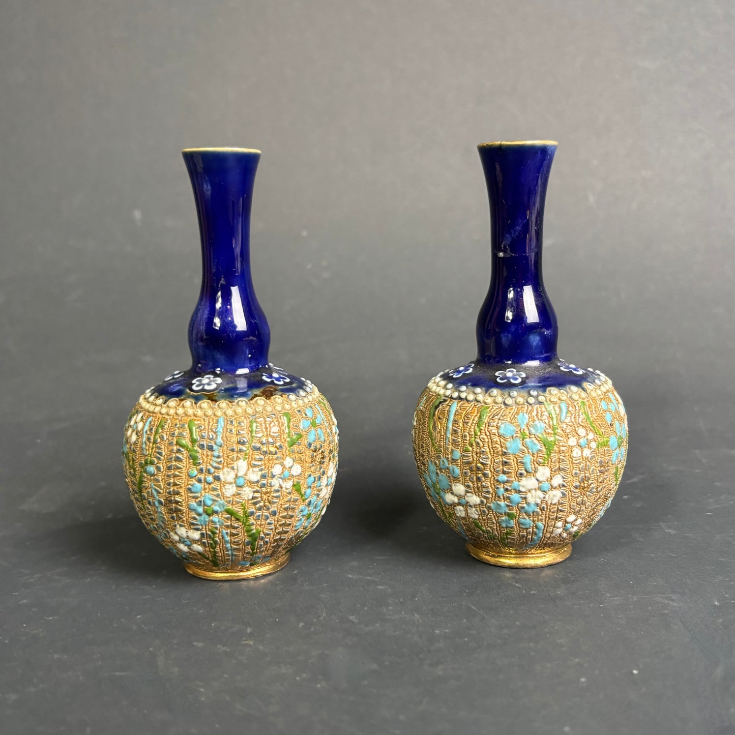Royal Doulton Pair of Small Vases Pattern 6452 Cobalt & Gilt