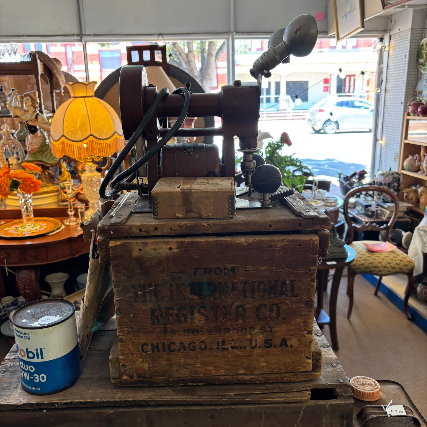 International “Cutawl” Electric Cloth Cutting Machine with Original Crate (c. 1910s–1920s)
