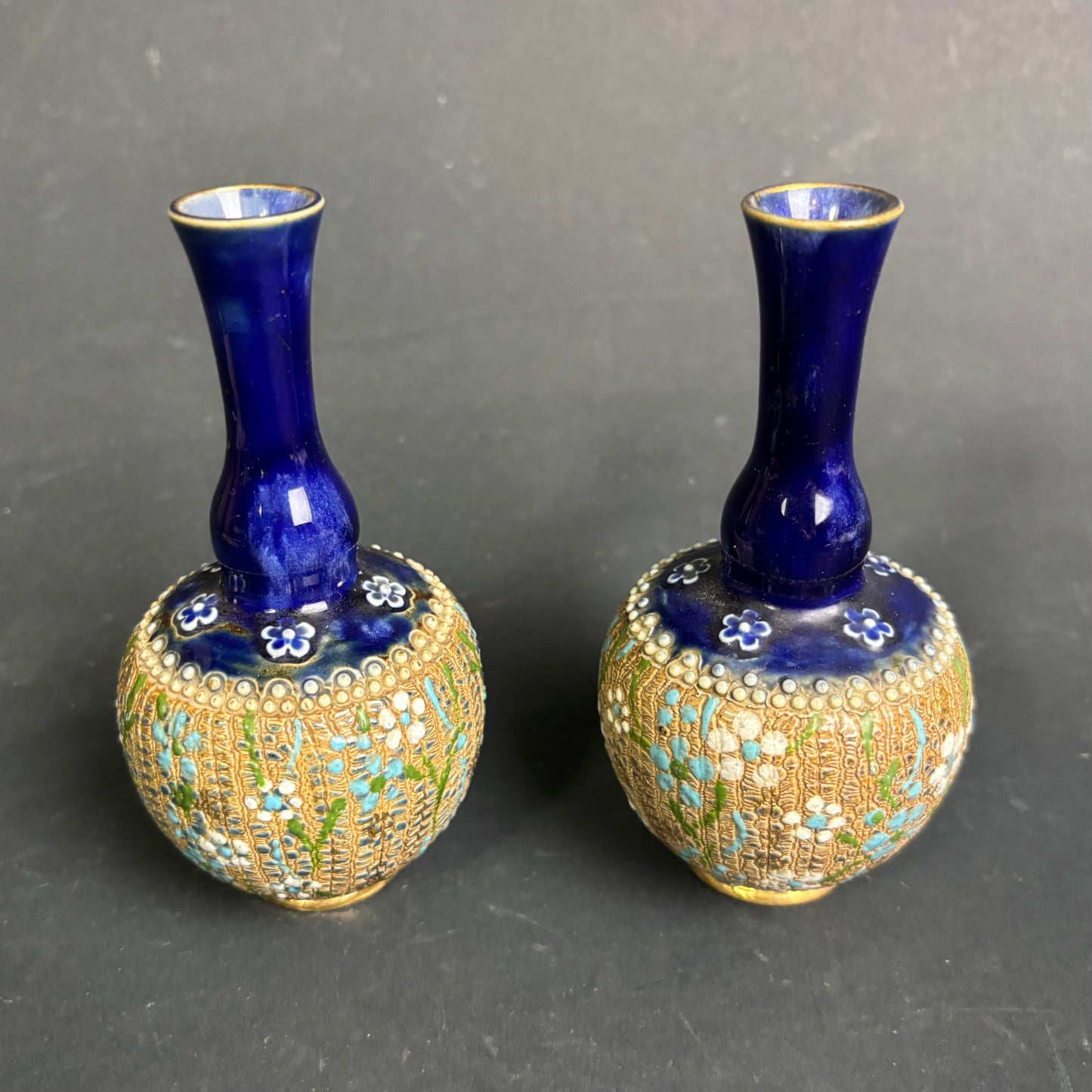 Royal Doulton Pair of Small Vases Pattern 6452 Cobalt & Gilt