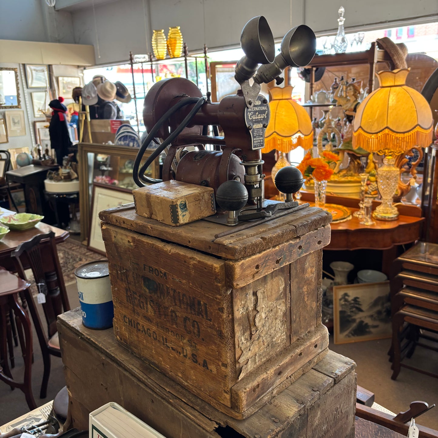 International “Cutawl” Electric Cloth Cutting Machine with Original Crate (c. 1910s–1920s)