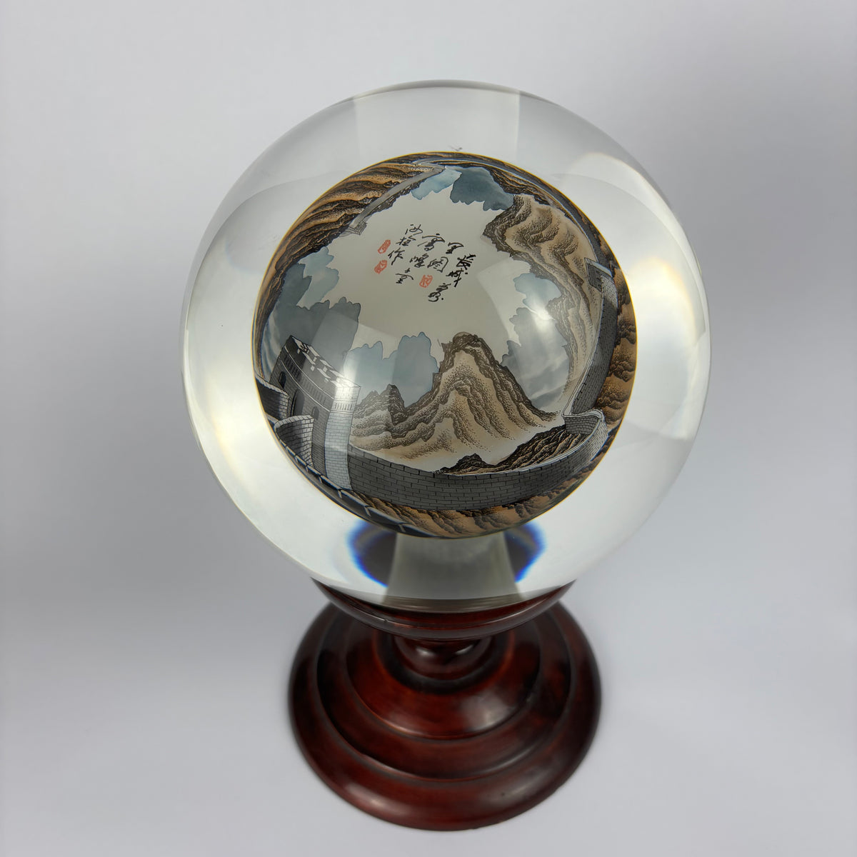 Large Chinese Inside-Painted Glass Sphere – Great Wall of China, Signed