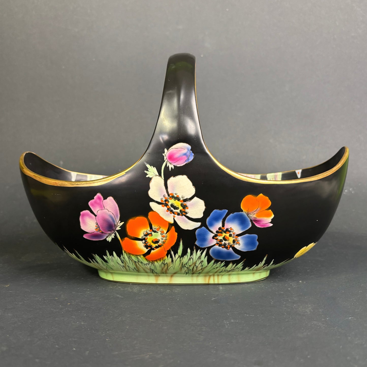 Vintage Falcon Ware Hand-Painted Twin Basket Dish – Black Floral Lustreware Bowl