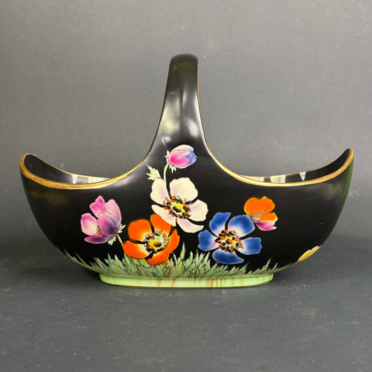 Vintage Falcon Ware Hand-Painted Twin Basket Dish – Black Floral Lustreware Bowl
