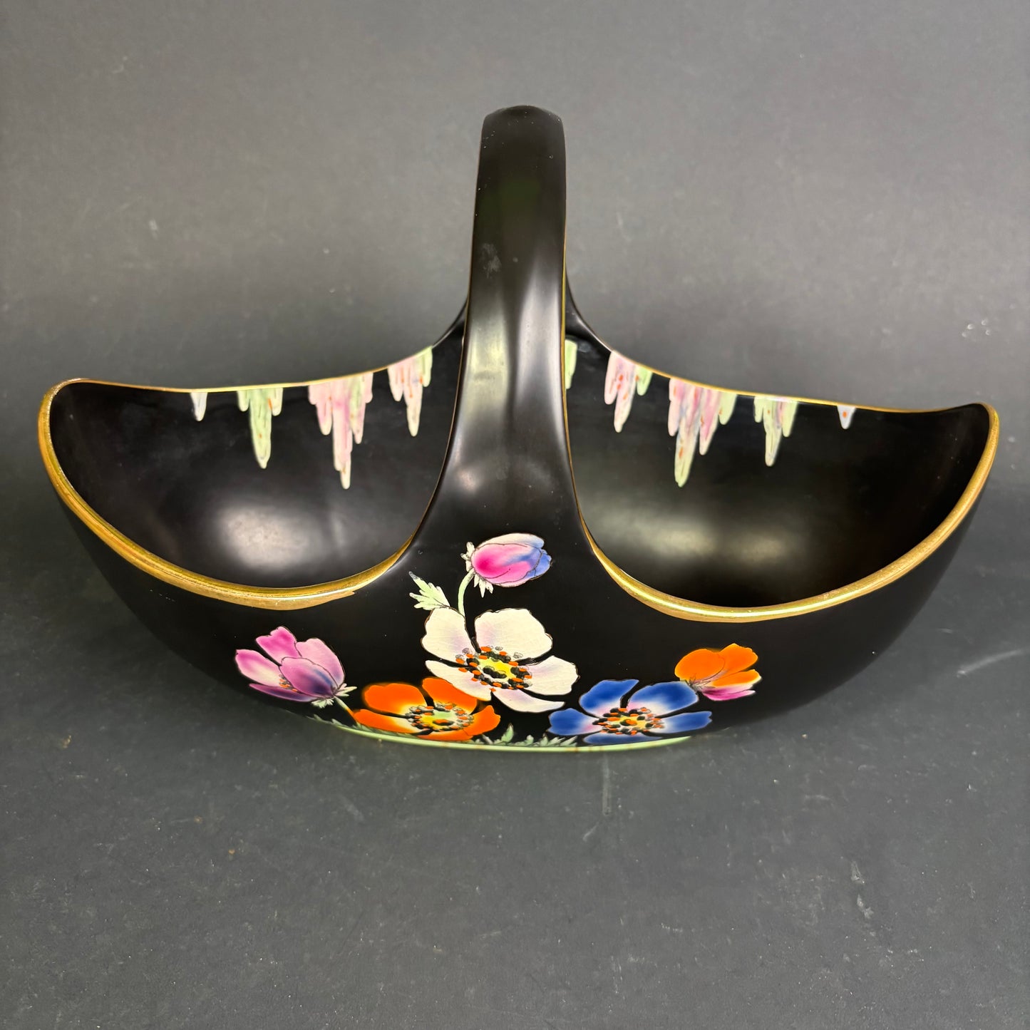 Vintage Falcon Ware Hand-Painted Twin Basket Dish – Black Floral Lustreware Bowl