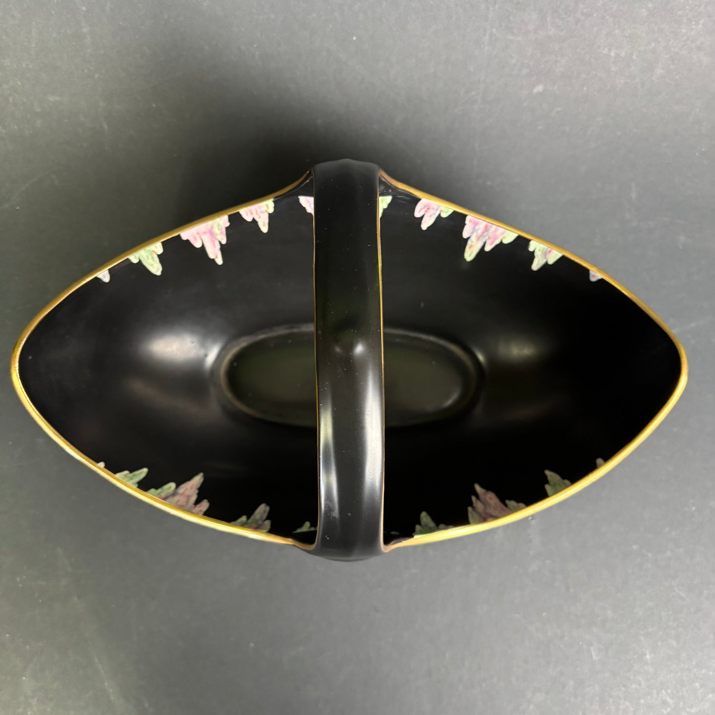 Vintage Falcon Ware Hand-Painted Twin Basket Dish – Black Floral Lustreware Bowl