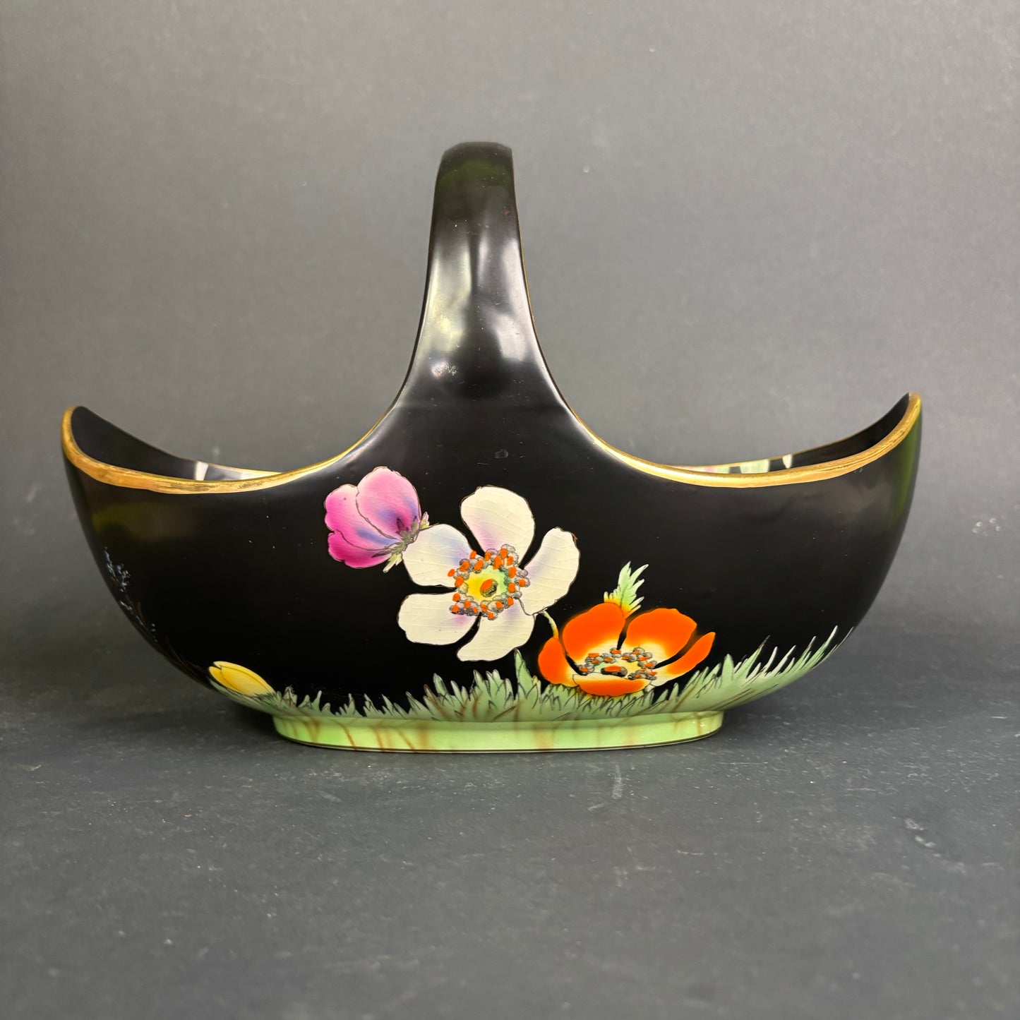 Vintage Falcon Ware Hand-Painted Twin Basket Dish – Black Floral Lustreware Bowl