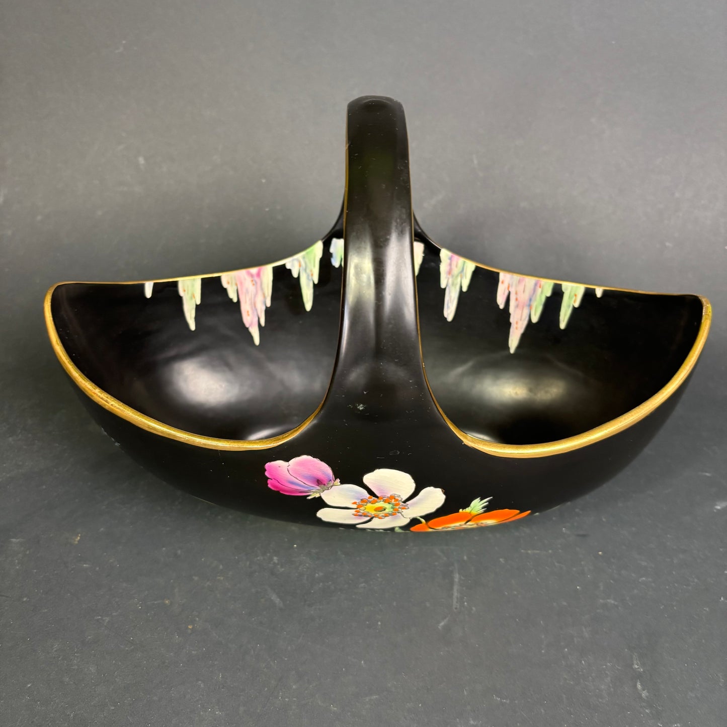 Vintage Falcon Ware Hand-Painted Twin Basket Dish – Black Floral Lustreware Bowl