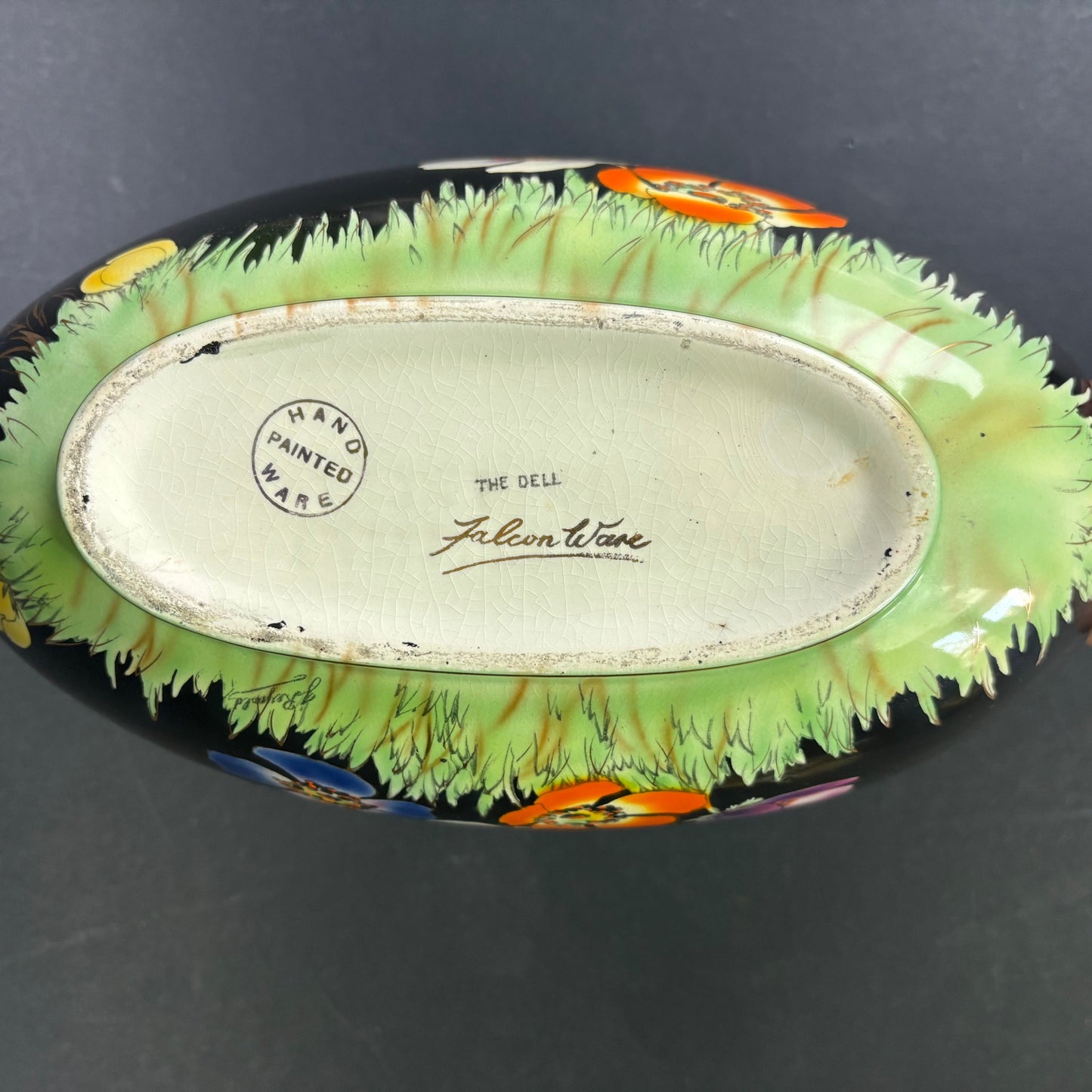 Vintage Falcon Ware Hand-Painted Twin Basket Dish – Black Floral Lustreware Bowl