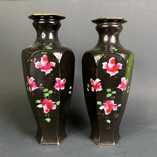 Vintage Exeter Ware Blackware Vases – Hand Painted Roses – Pair – English Pottery c1950s