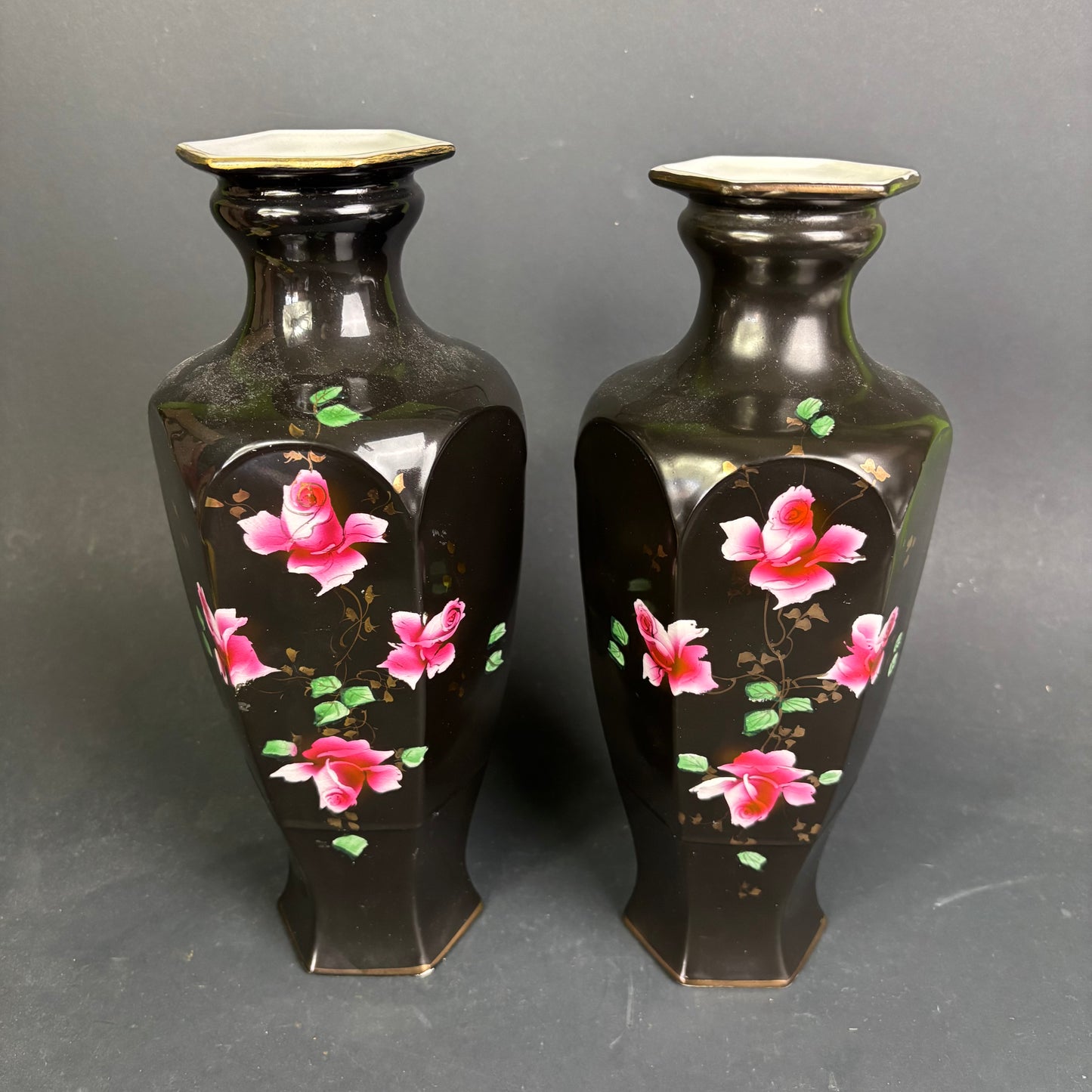 Vintage Exeter Ware Blackware Vases – Hand Painted Roses – Pair – English Pottery c1950s