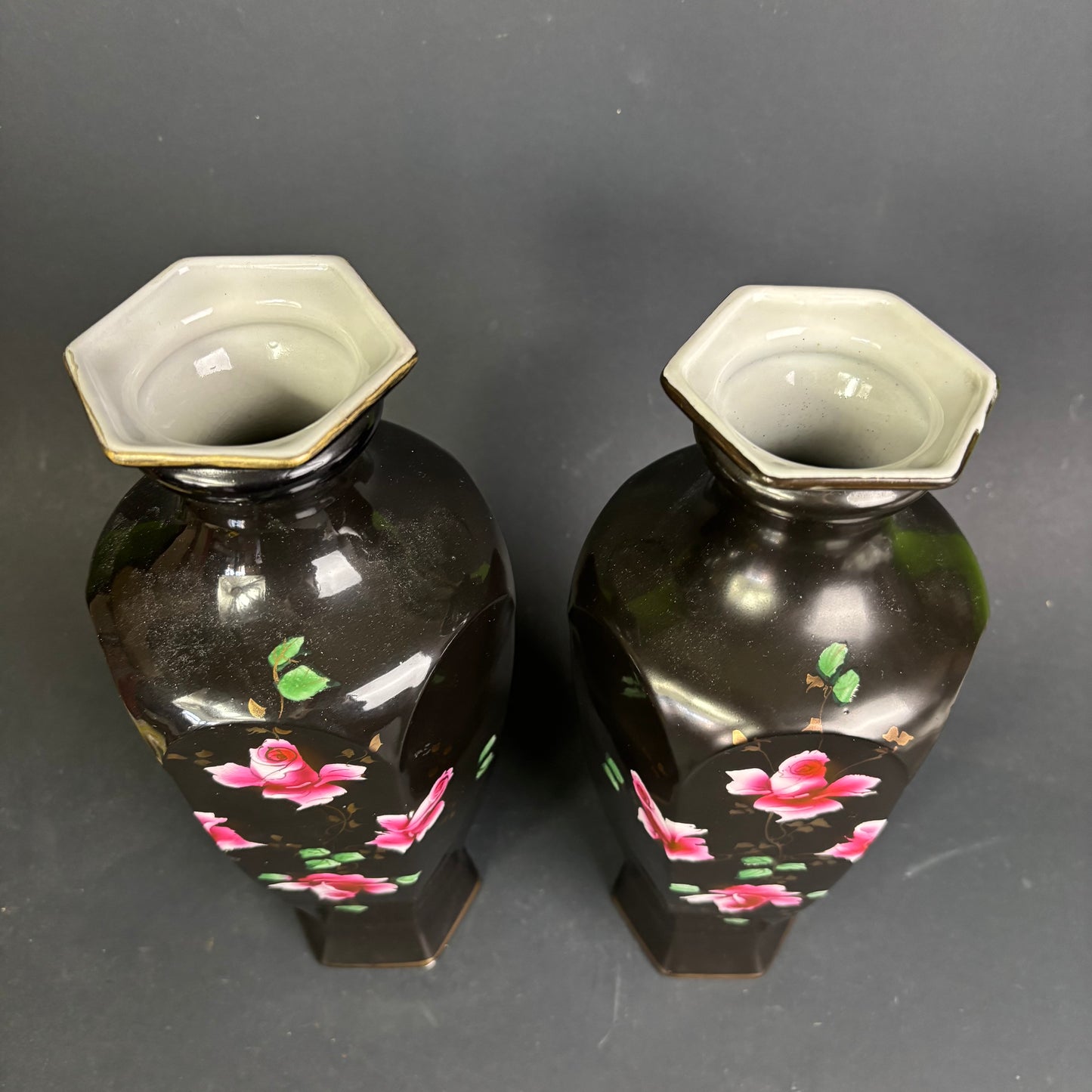Vintage Exeter Ware Blackware Vases – Hand Painted Roses – Pair – English Pottery c1950s