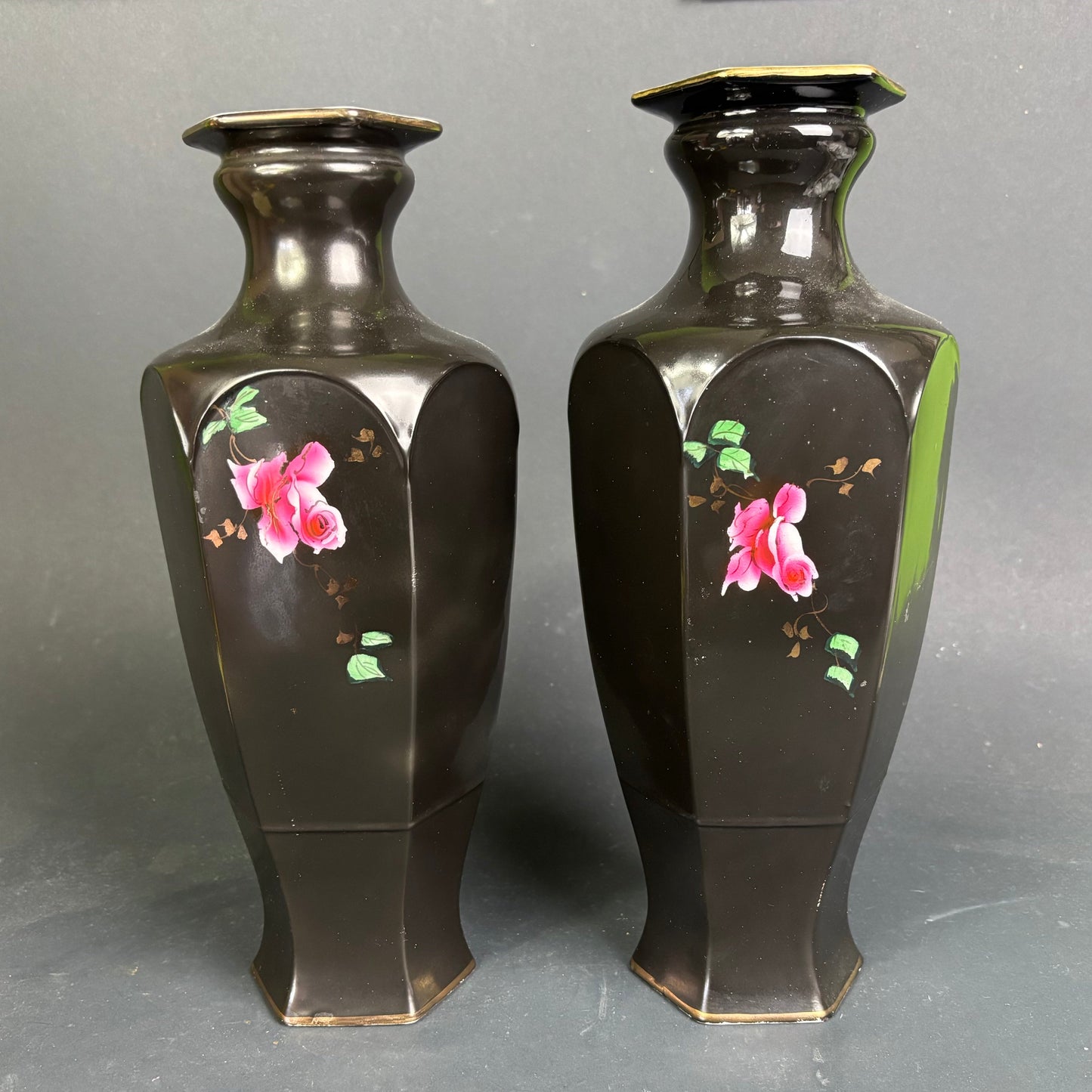 Vintage Exeter Ware Blackware Vases – Hand Painted Roses – Pair – English Pottery c1950s