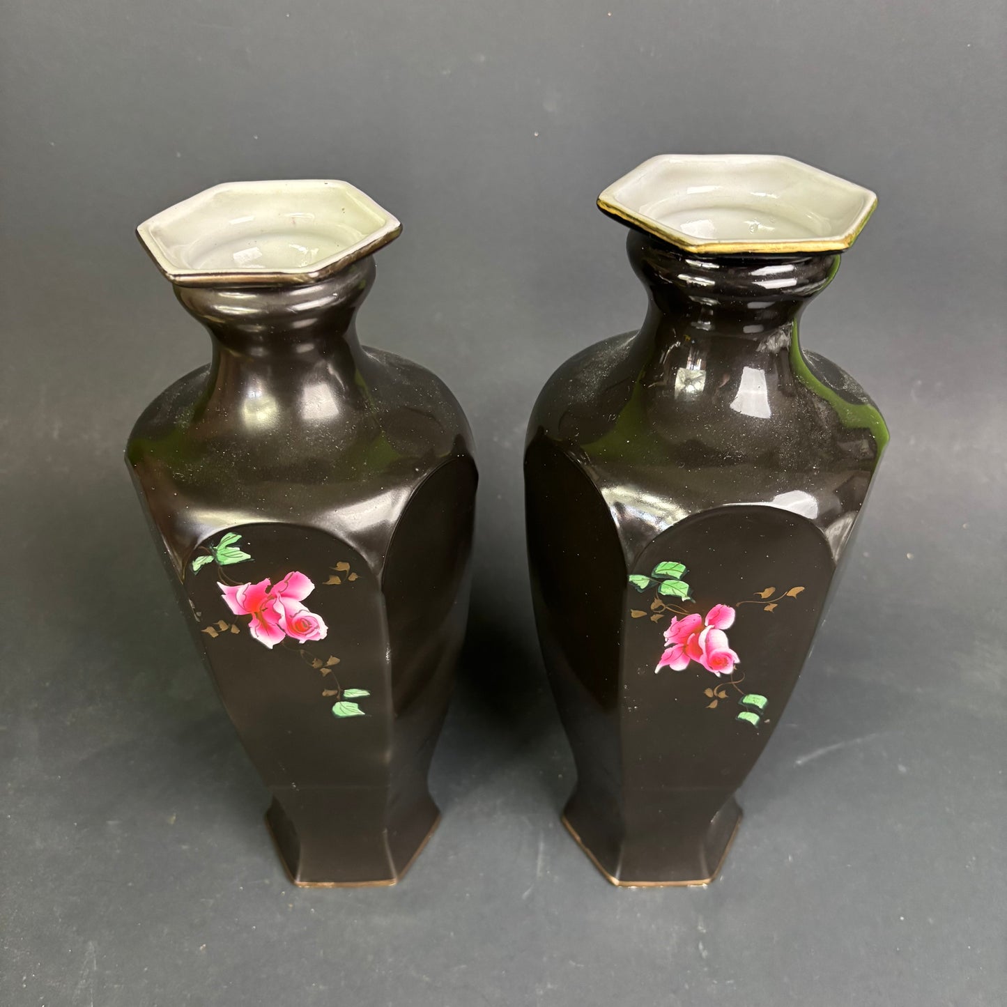 Vintage Exeter Ware Blackware Vases – Hand Painted Roses – Pair – English Pottery c1950s