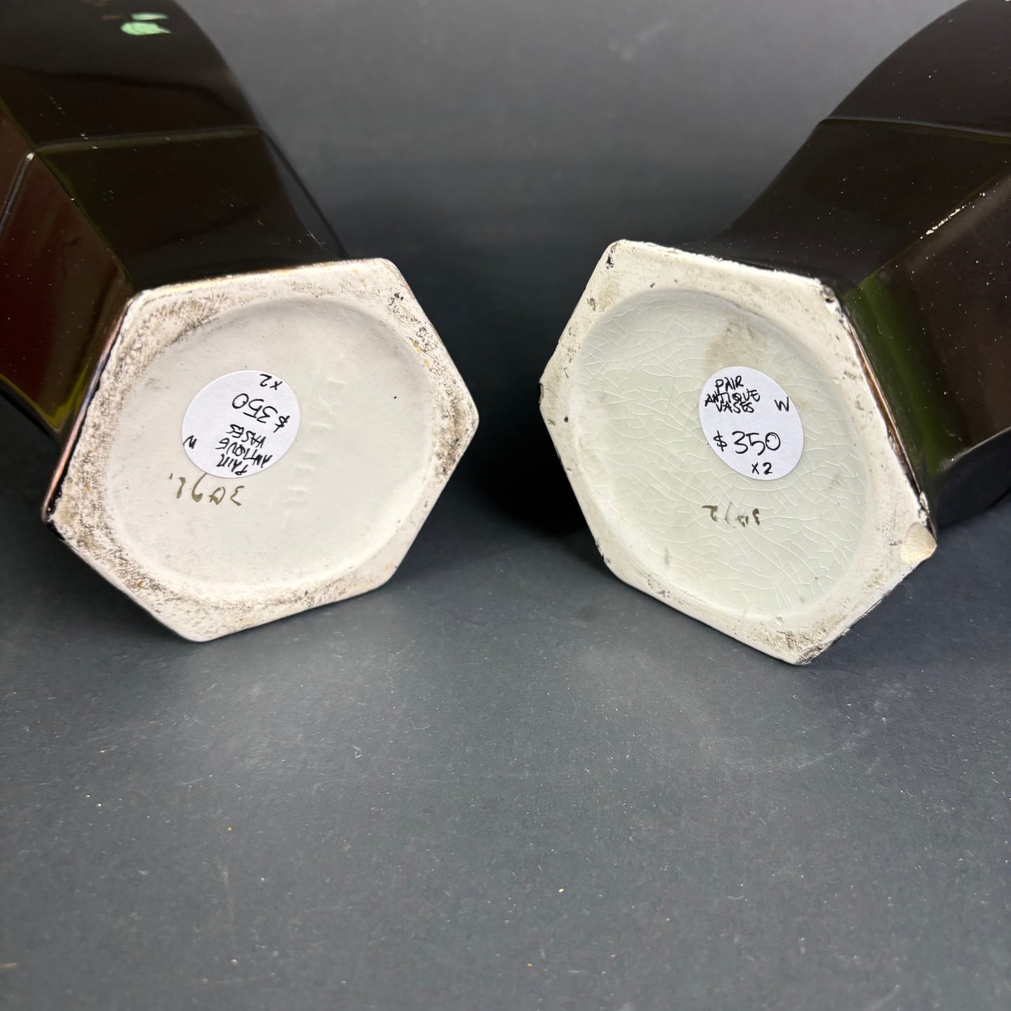 Vintage Exeter Ware Blackware Vases – Hand Painted Roses – Pair – English Pottery c1950s