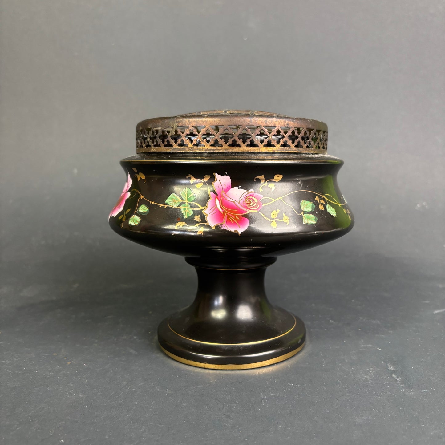 Vintage Staffordshire Blackware Flower Frog Vase – Hand-Painted Pink Rose Posy Bowl