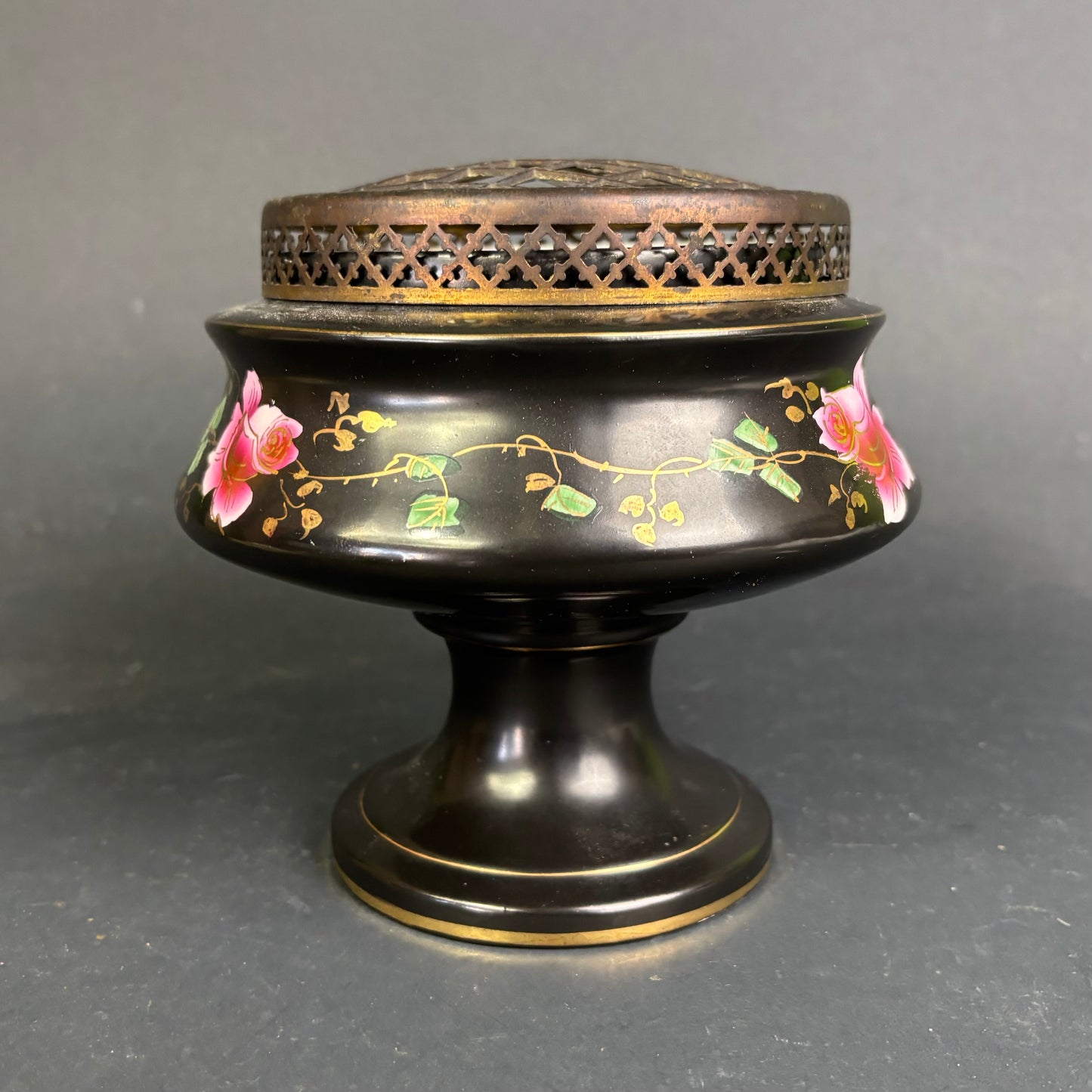 Vintage Staffordshire Blackware Flower Frog Vase – Hand-Painted Pink Rose Posy Bowl
