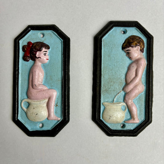 Pair of Cast Iron Boy & Girl Toilet signs