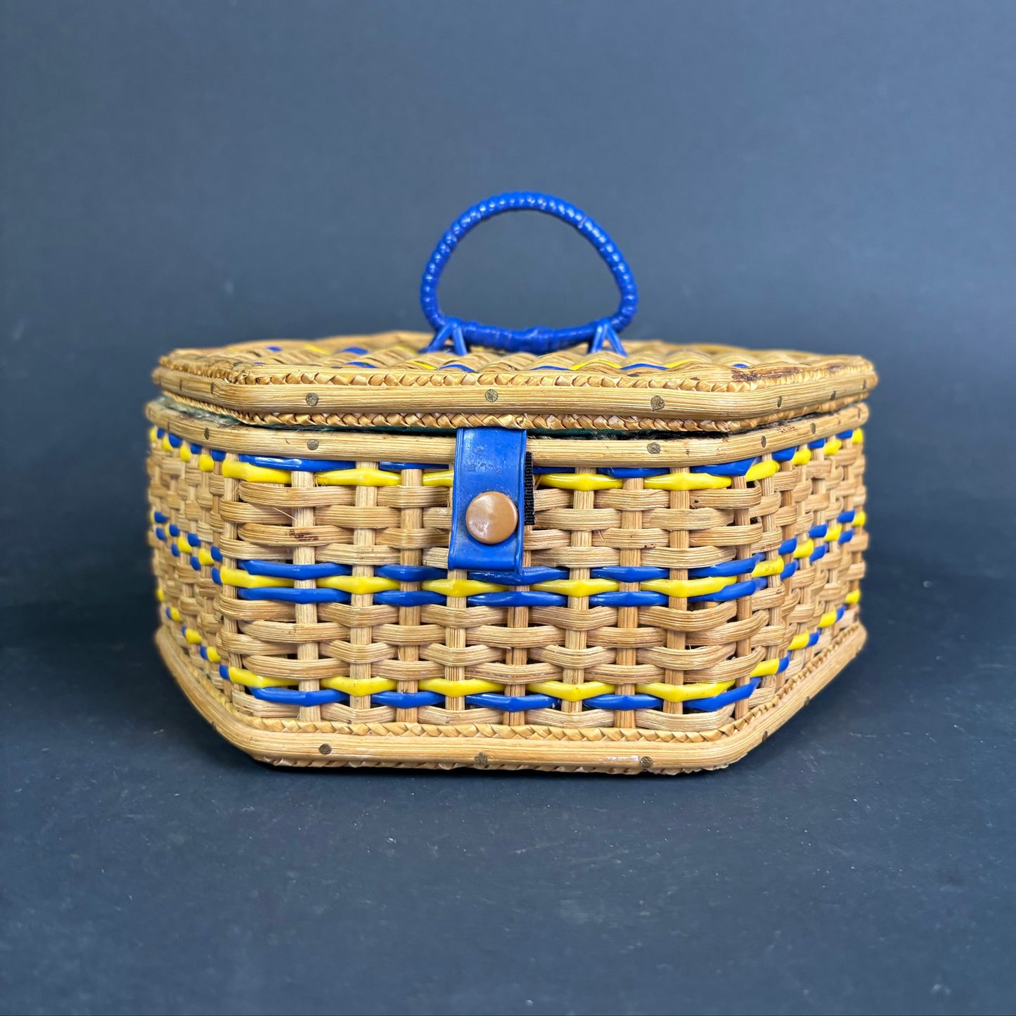 Vintage Hexagonal Sewing Basket with Blue & Yellow Detail