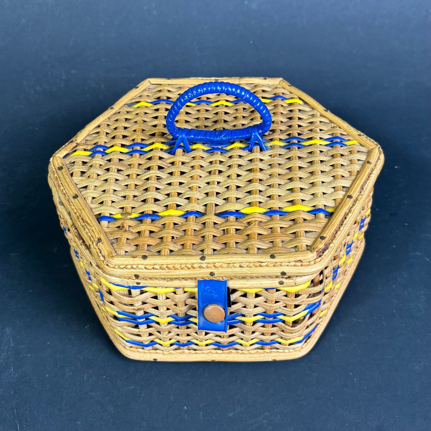 Vintage Hexagonal Sewing Basket with Blue & Yellow Detail