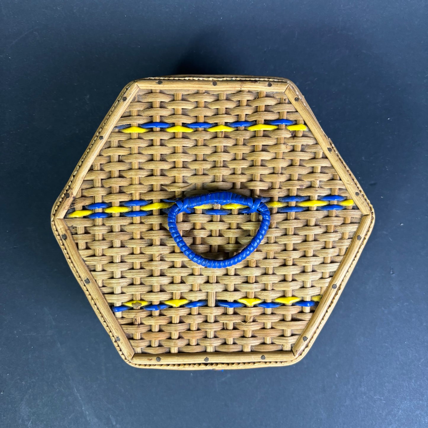 Vintage Hexagonal Sewing Basket with Blue & Yellow Detail