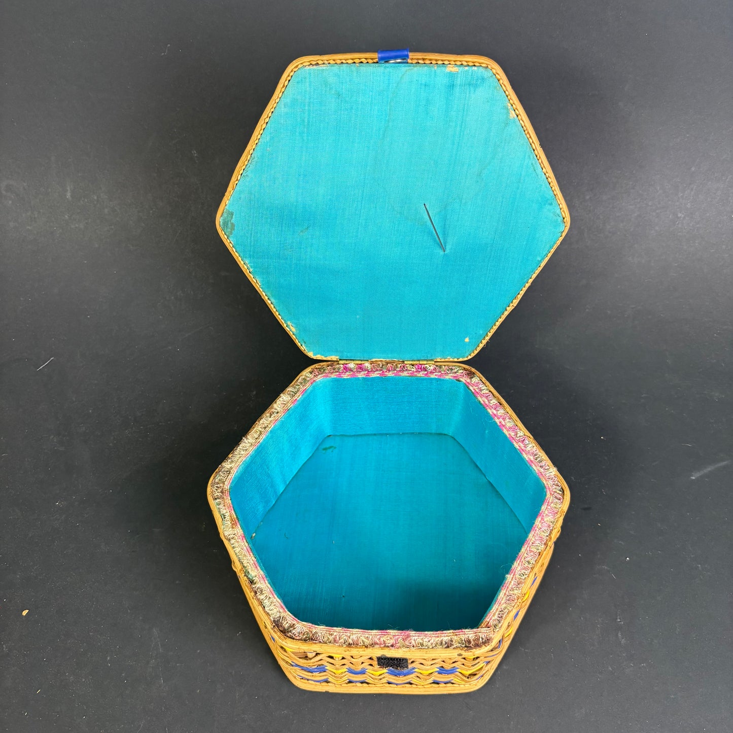 Vintage Hexagonal Sewing Basket with Blue & Yellow Detail