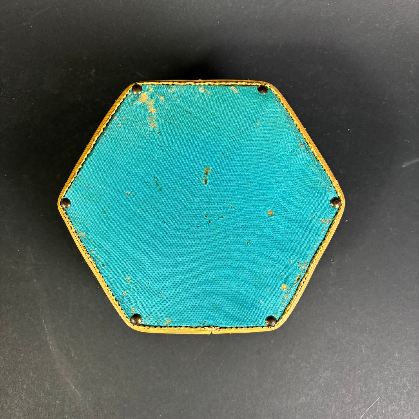 Vintage Hexagonal Sewing Basket with Blue & Yellow Detail