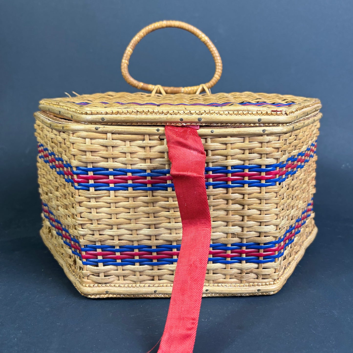 Vintage Hexagonal Sewing Basket with Red & Blue Detail