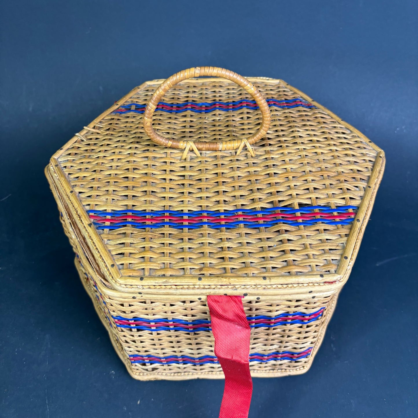 Vintage Hexagonal Sewing Basket with Red & Blue Detail