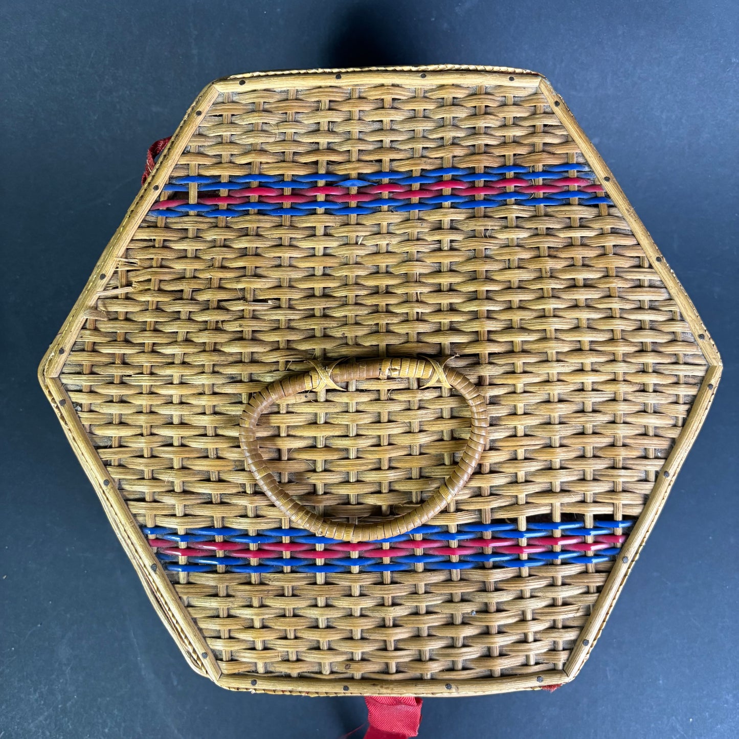 Vintage Hexagonal Sewing Basket with Red & Blue Detail