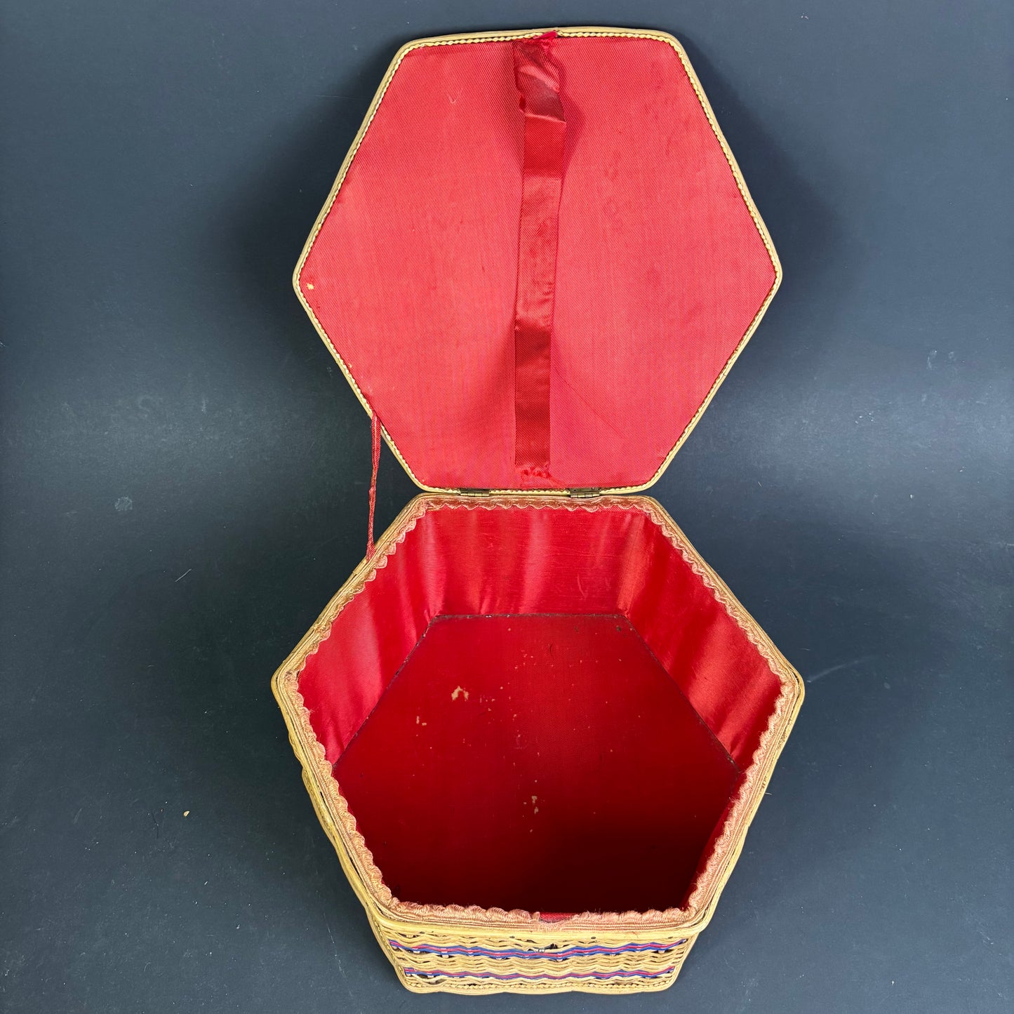 Vintage Hexagonal Sewing Basket with Red & Blue Detail