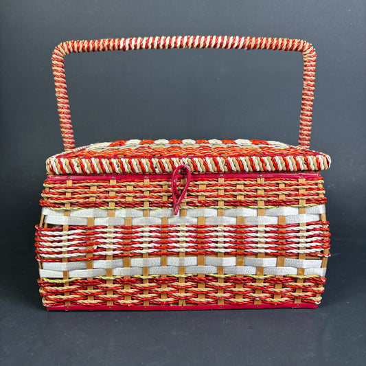 Vintage Woven Sewing Basket with Carry Handle