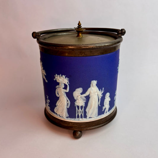 Antique Blue Jasperware Biscuit Barrel with Silver-Plated Mounts  England, c. 1890–1910