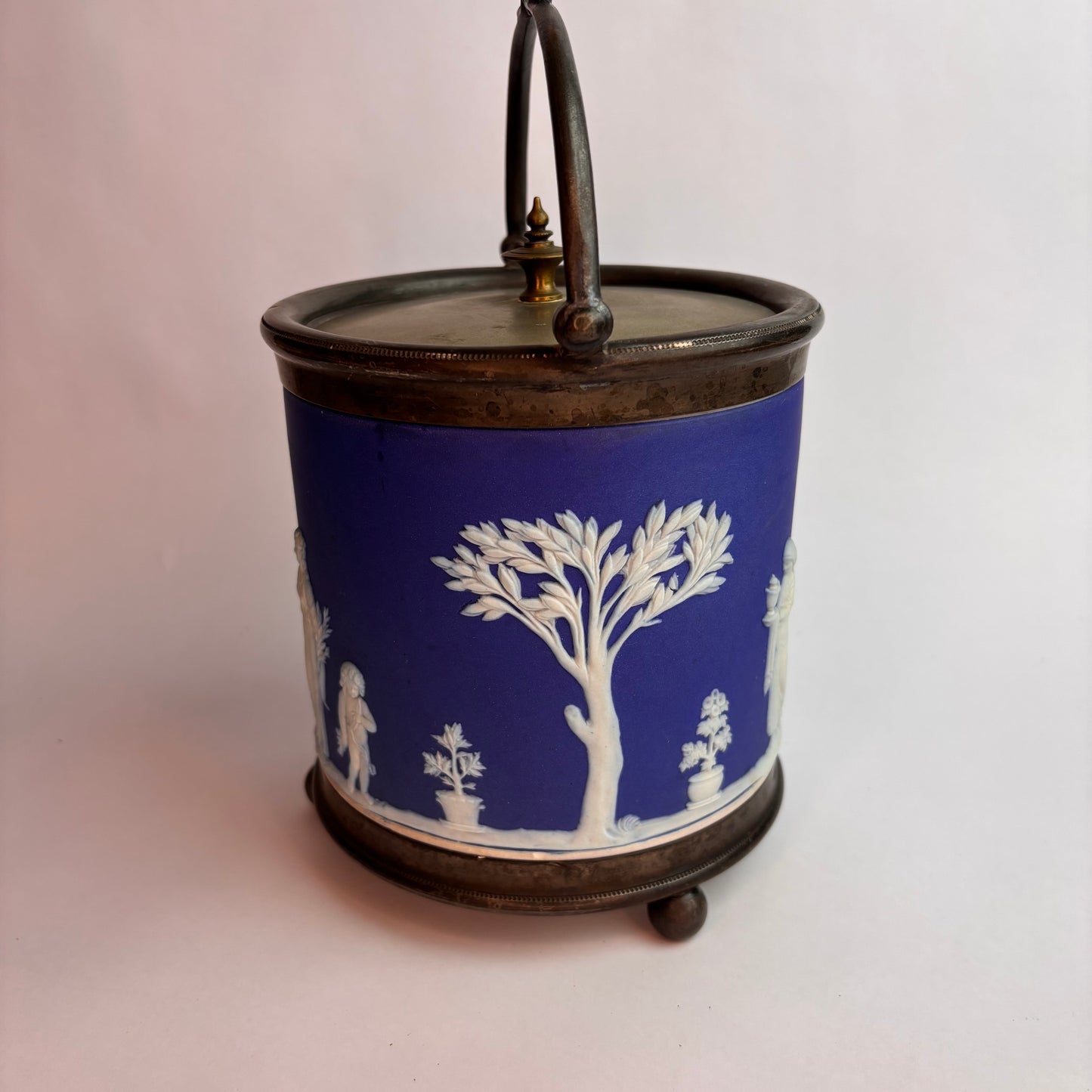 Antique Blue Jasperware Biscuit Barrel with Silver-Plated Mounts  England, c. 1890–1910