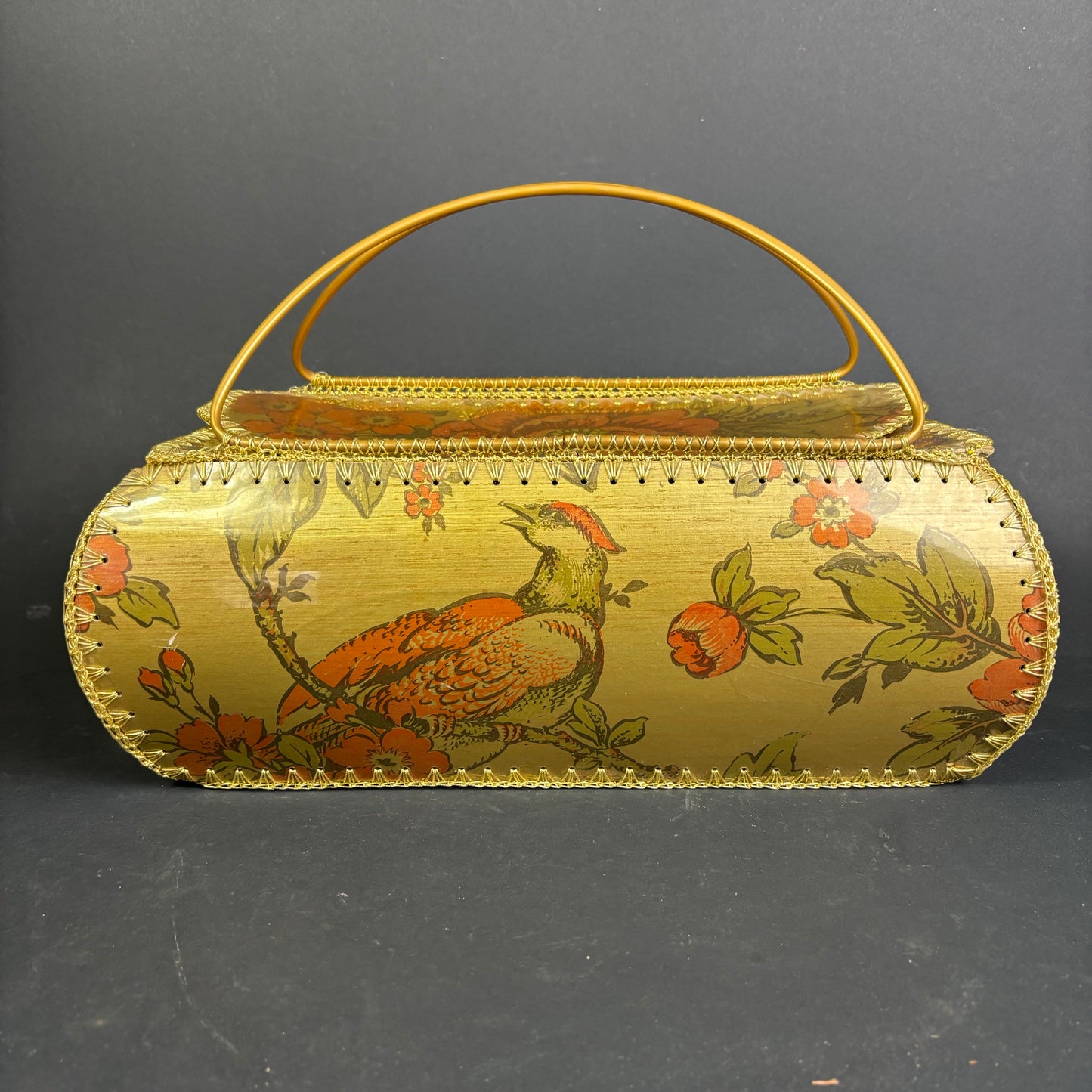 Vintage Woolwork Wool Basket with Bird & Floral Motif
