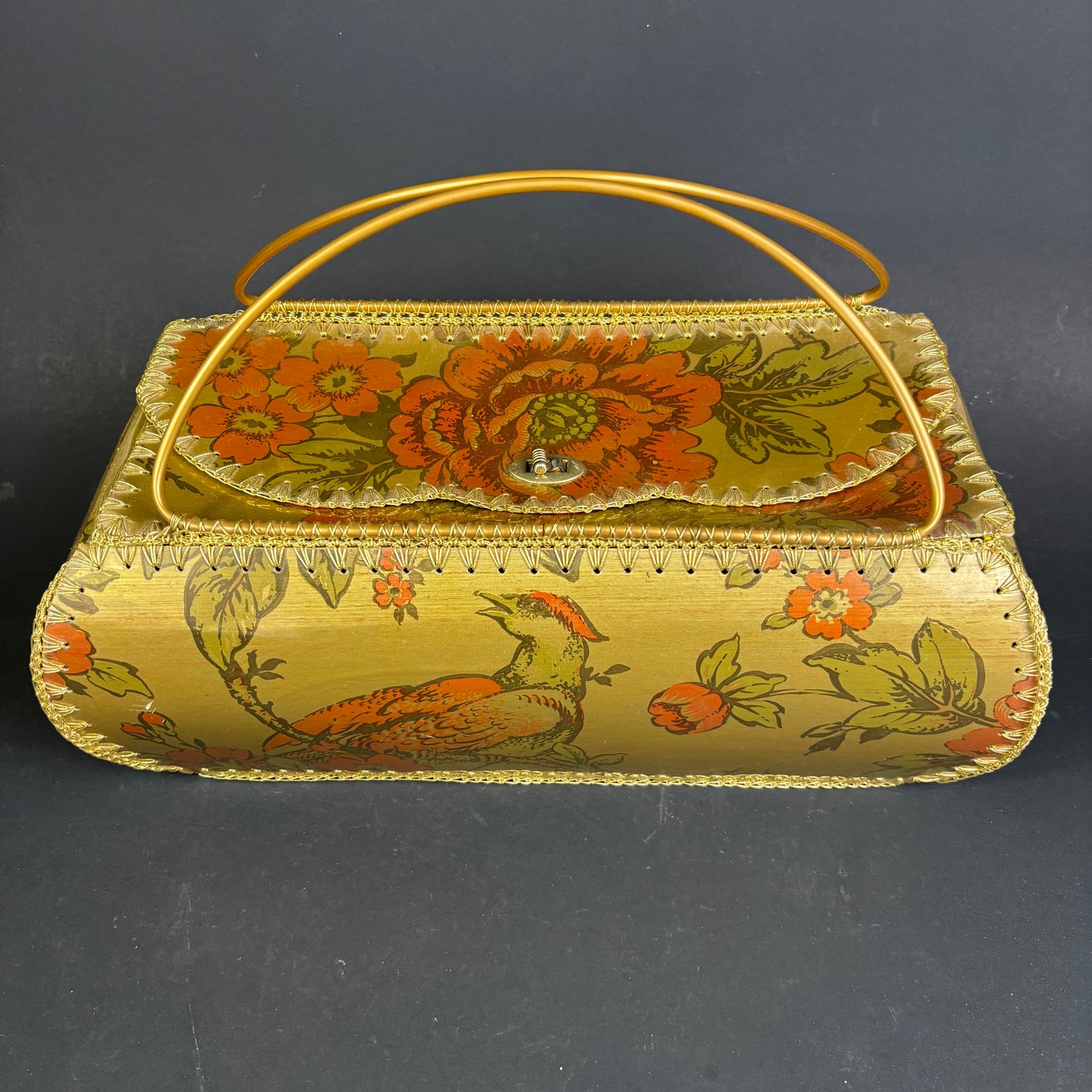 Vintage Woolwork Wool Basket with Bird & Floral Motif