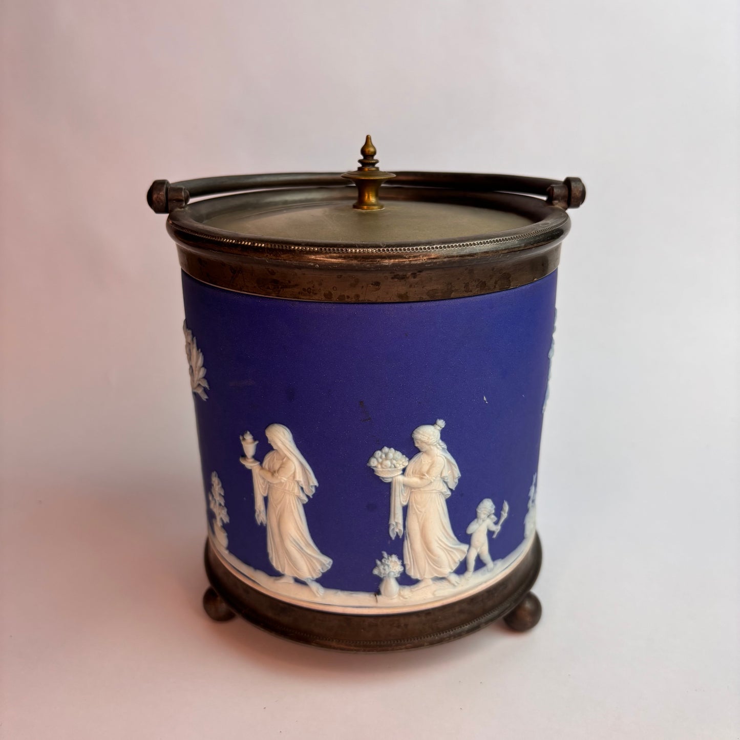 Antique Blue Jasperware Biscuit Barrel with Silver-Plated Mounts  England, c. 1890–1910