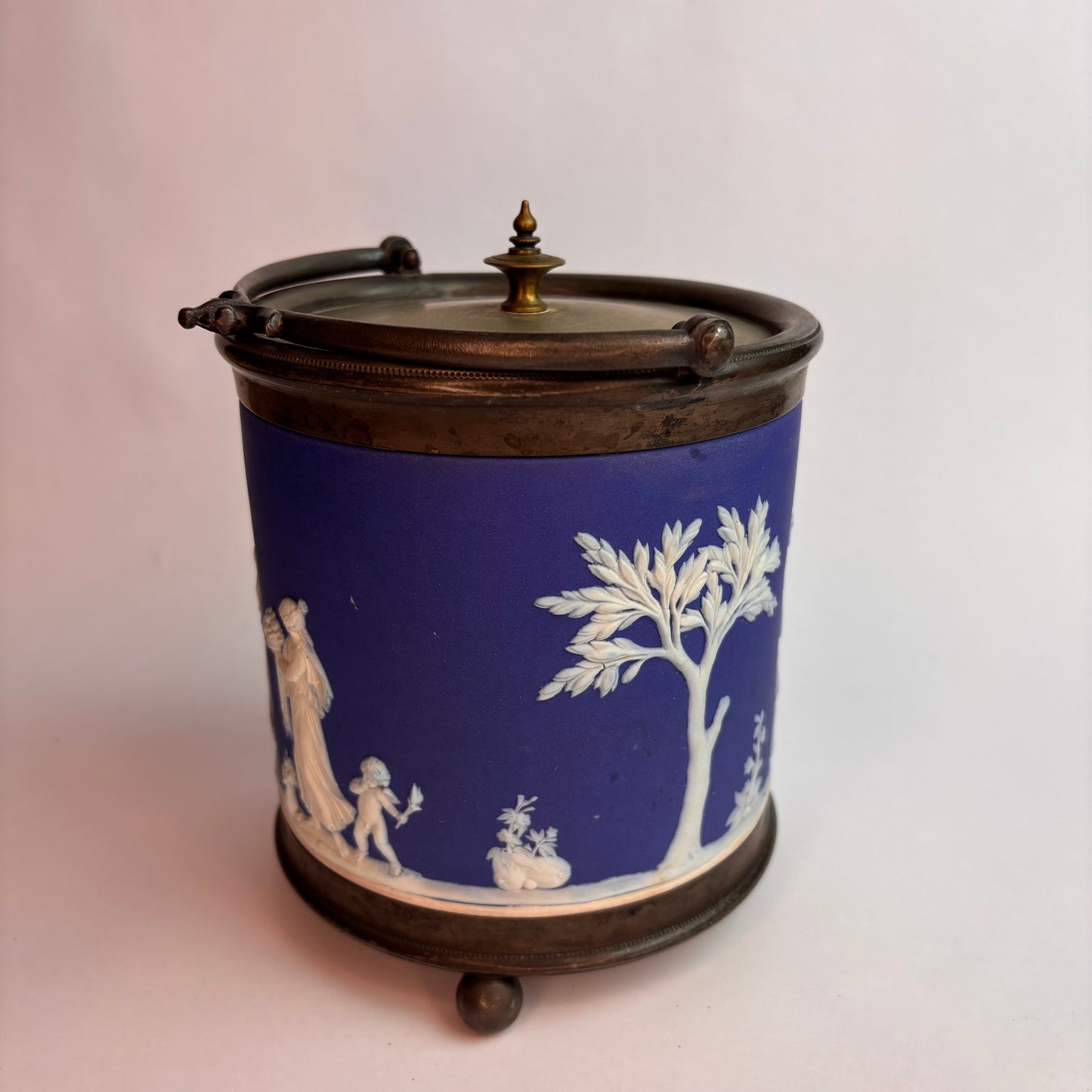 Antique Blue Jasperware Biscuit Barrel with Silver-Plated Mounts  England, c. 1890–1910