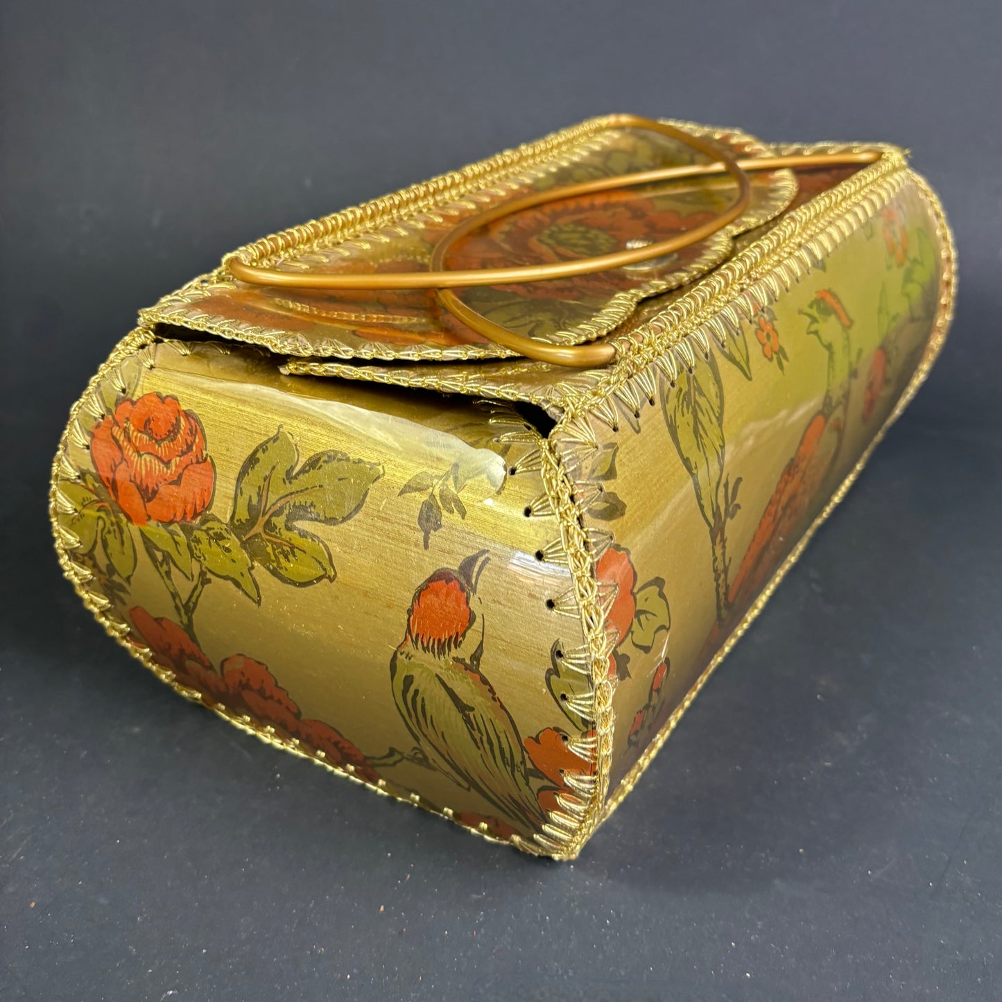 Vintage Woolwork Wool Basket with Bird & Floral Motif
